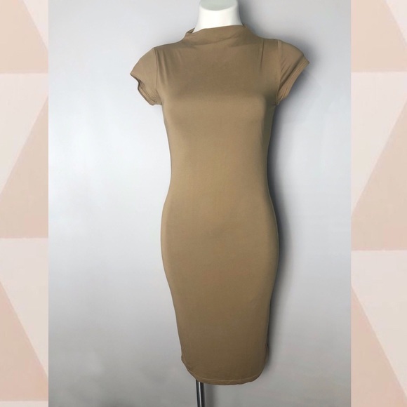 mikey & joey Dresses & Skirts - Tan Body Con Mock Neck Stretch Dress